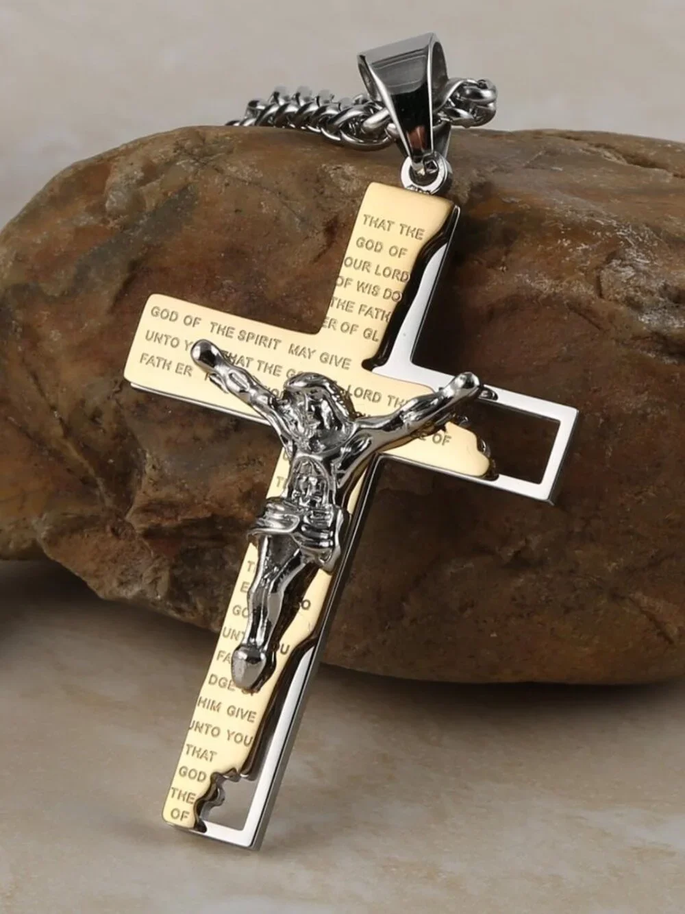 Men's Stainless Steel Cross Pendant Necklace - Bible Prayer Jewelry, Faith